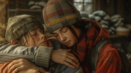 Obraz premium Two Young Women Embracing in a Warm Hug