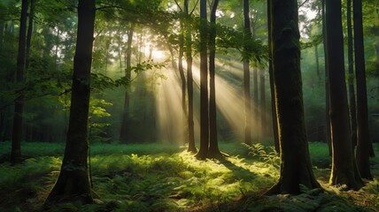 Obraz premium A forest with sunlight streaming through the trees, illuminating the green foliage and grass.