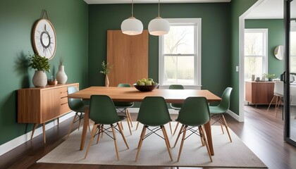 A modern dining room with a wooden table and chairs, a green accent wall, and pendant lights