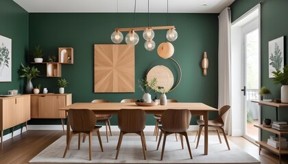 A modern dining room with a wooden table and chairs, a green accent wall, and pendant lights