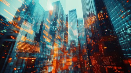 Double exposure of urban skyscrapers and financial graphs, illustrating the synergy between stock market activities and city life.
