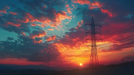 Dramatic sunset with colorful clouds and the silhouette of a power transmission tower. A scene of energy and natural beauty.