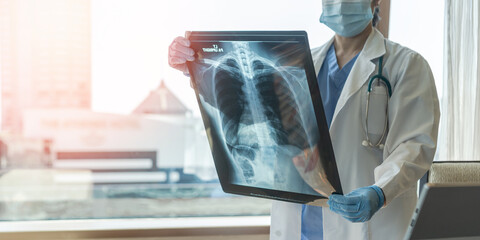 Doctor diagnosing patient’s health on asthma, lung disease, COVID-19 or bone cancer illness with...