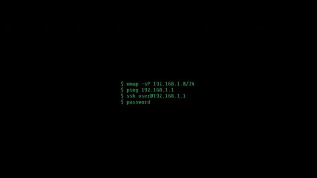 Green Text on Black Screen Displays Terminal Commands for Network Scanning, SSH Login, Password Entry, Data Transfer, and Log Removal.