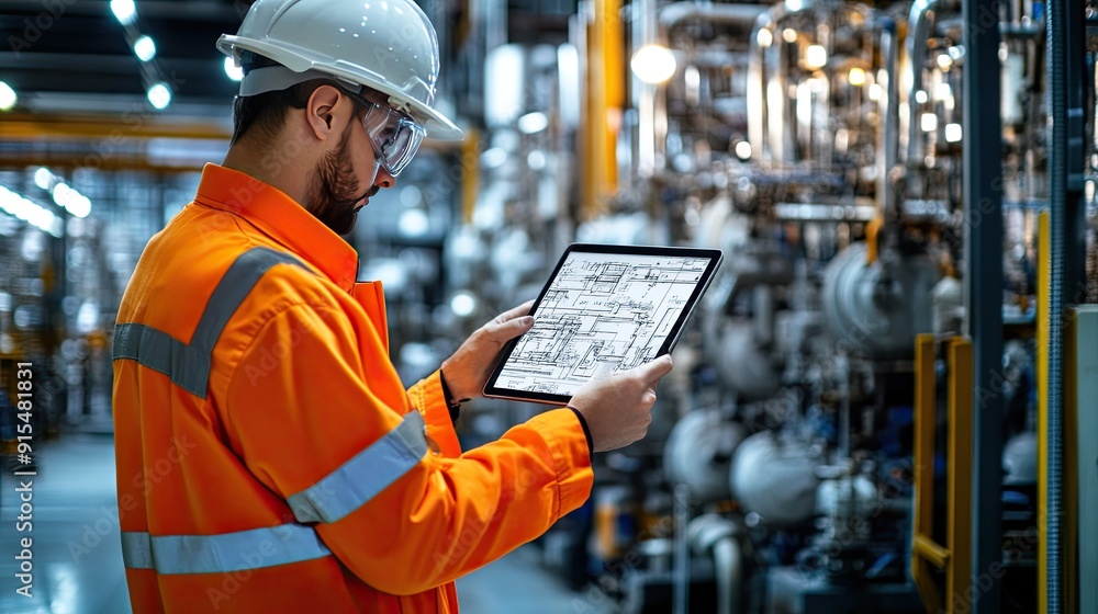Aufkleber engineer inspects factory's single line diagram on a tablet, managing data records and scheduling ma
