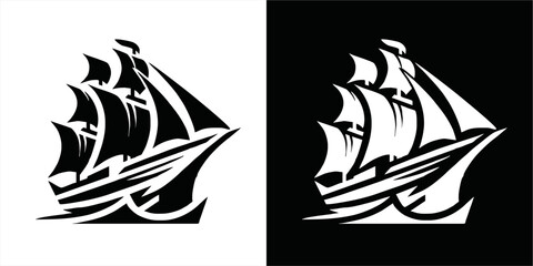 Simple Logo Sailing Ship and Sea Wave vector.silhoutte