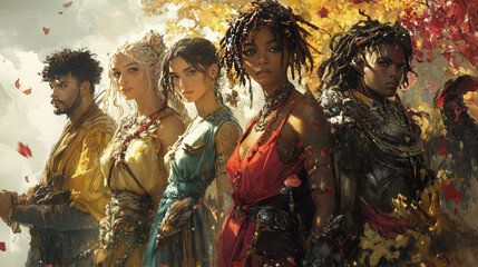 Urban dancers pose beside ancient statue adorned with colorful graffiti, a juxtaposition of modern and traditional art against bustling city backdrop