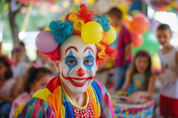 Children laughing and celebrating at a colorful birthday party, enjoying entertainment from a funny clown and surrounded by balloons and decorations.
