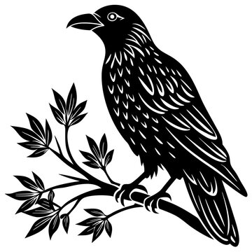 recommend clip art: crow with branch line art vector white background 