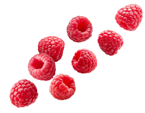 Himbeeren fallend isoliert auf weißen Hintergrund, Freisteller, Transparent 