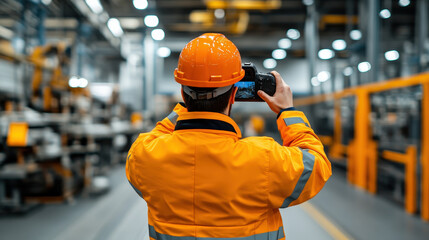 Technician photographing heavy machinery in a factory, focus on detail and precision