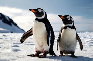 Obraz premium View of a beautiful penguin couple walking on a large ice cube