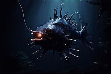 anglerfish swimming in the dark ocean depths