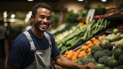 A friendly Kroger store employee assisting a customer