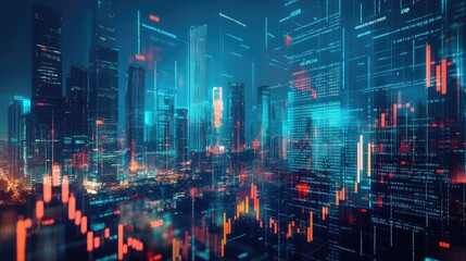 Fototapeta premium Overlapping financial data with a futuristic city skyline, representing stock market trends influencing urban environments.