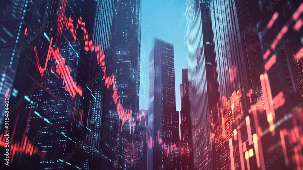 Poster overlapping financial graphs and digital indicators with towering skyscrapers, representing the dyna