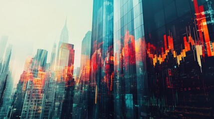 Overlapping financial indicators with skyscrapers, depicting the stock market's role in shaping modern urban areas.