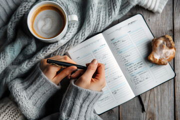 Point-of-view of a person writing in a planner, with a cup of coffee nearby, a laptop, and stationery items scattered around a tidy desk. - Powered by Adobe