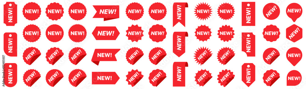 Poster new labels collection in red. new banner and ribbon isolated on white background. new tag collection