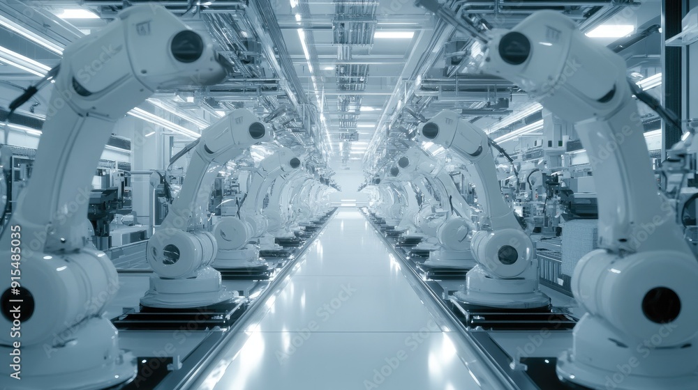 Poster robotic systems in a smart factory, controlled via internet networks, illustrating the advanced auto