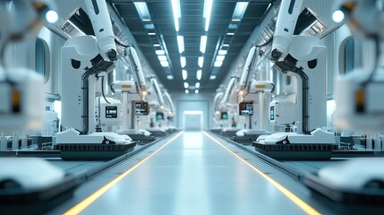 Robotic systems in a smart factory, controlled via internet networks, illustrating the advanced automation of Industry 4.0.