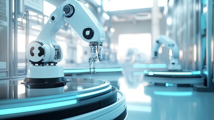 Robotic systems in a smart factory, controlled via internet networks, illustrating the advanced automation of Industry 4.0.