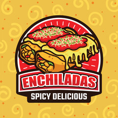 Enchiladas Logo Design with Chicken, Beef, Cheese, Vegetable Flavors with Circle Emblem and Name Ribbon