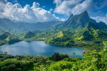 A tranquil lagoon surrounded by tropical mountains and a turquoise ocean, offering a serene vacation spot.