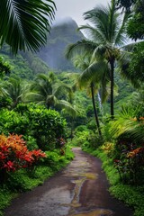 A lush tropical jungle trail with dense vegetation and vibrant green foliage.