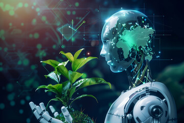 Robot hand with plants, Green technology and Environmental technology.