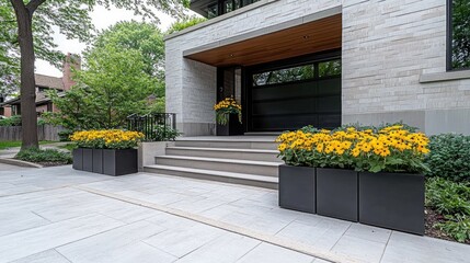 A stunning modern home entrance features sleek grey stone walls, a black garage door, and wooden stairs adorned with yellow flower pots on either side