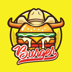 Burger Logo Design with American Wild West Cowboy Hat and Horn Style
