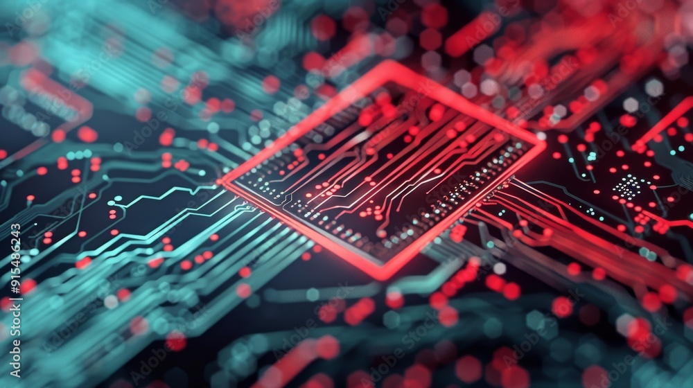Poster red and blue circuit board technology close-up with digital patterns