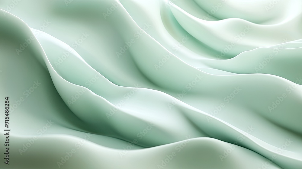 Poster serene 3d light green background with gentle waves and soft shadows, creating a peaceful and calming