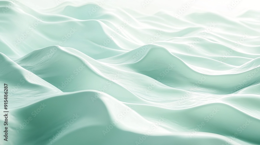 Poster serene 3d light green background with gentle waves and soft shadows, creating a peaceful and calming