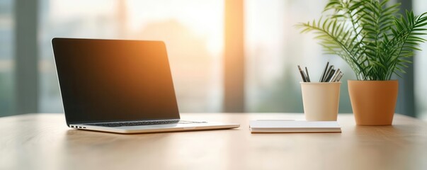 A serene workspace featuring a laptop, potted plant, and stationery, capturing a peaceful morning light ambiance.