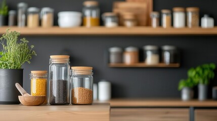 A stylish kitchen display featuring jars of spices, herbs, and natural ingredients against a minimalist black backdrop.