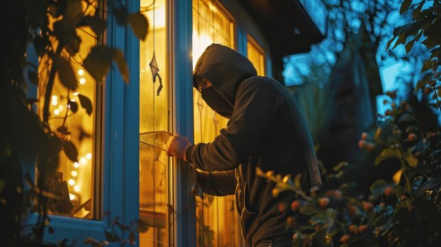A person in a hoodie attempts to enter a house under dim evening light
