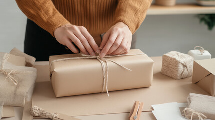 Hands wrapping items in eco-friendly paper, focus on sustainability and care in packaging