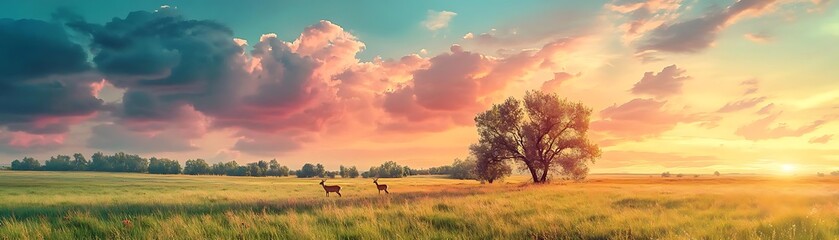 Naklejka premium Two Deer in a Meadow at Sunset Illustration