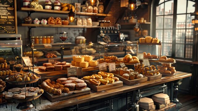 A bustling bakery with a variety of freshly baked goods on display.