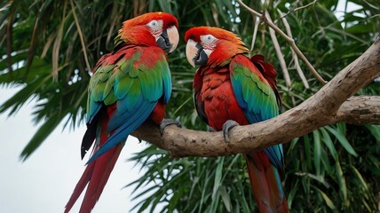 Fototapeta premium A bright red, blue, and green parrot is perched on a wooden branch. It has a black beak and is looking to the left.