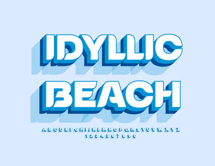 Vector travel flyer Idyllic Beach. Stylish 3D Font. Artistic Alphabet Letters and Numbers set.