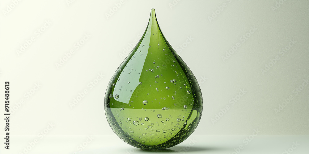 Wall mural single green water drop balancing on white background