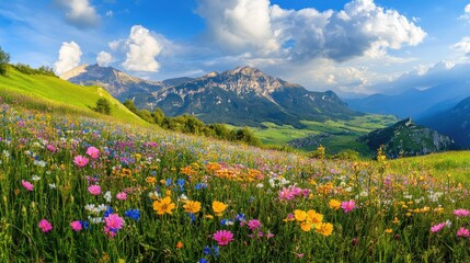 Obraz premium Panoramic view of the Alps with blooming meadows and a carpet of spring flowers, highlighting the beauty of nature.