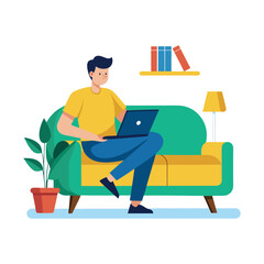 man sitting on couch with laptop flat vector illustration