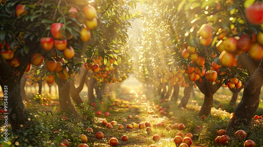 Canvas Prints A bustling fruit orchard with ripe fruits hanging from trees.