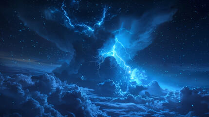 Obraz premium The Blue Jet lightning phenomenon occurs in the upper atmosphere. When powerful blue lightning flashes shoot up from the tops of high cumulonimbus clouds.