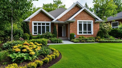 Traditional suburban home with brick facade, white trim, and lush front yard