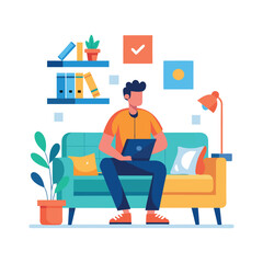 man sitting on couch with laptop flat vector illustration